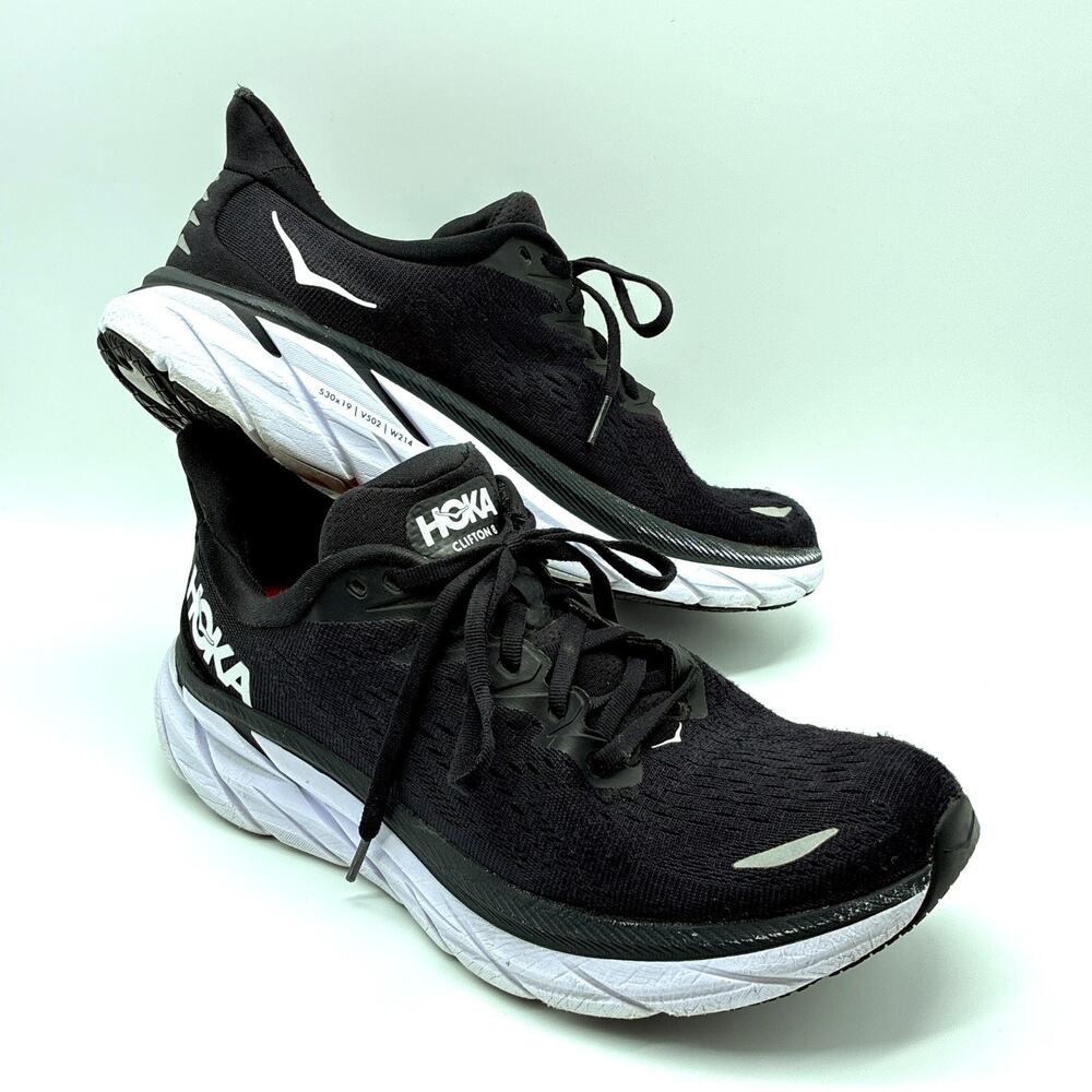 Hoka One One Sneakers Shoes Women 9.5B Black White Clifton 8 Running Gym Workout
